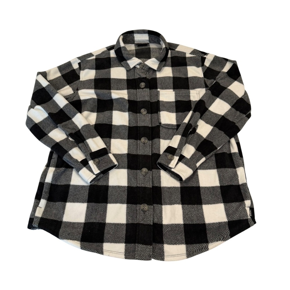 Eddie Bauer Womens Microfleece Button Up Shirt Black White Buffalo Plaid Medium